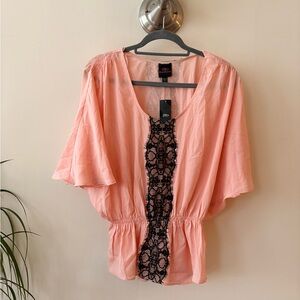 NWT bebe Coral Blouse with Black Lace Detail Size Small